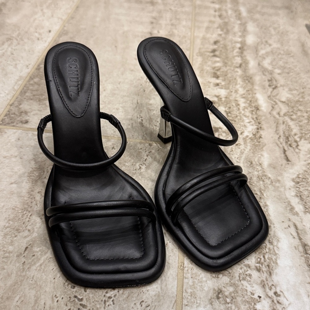 SCHUTZ Black Minimal Strappy Square-Toe Heels